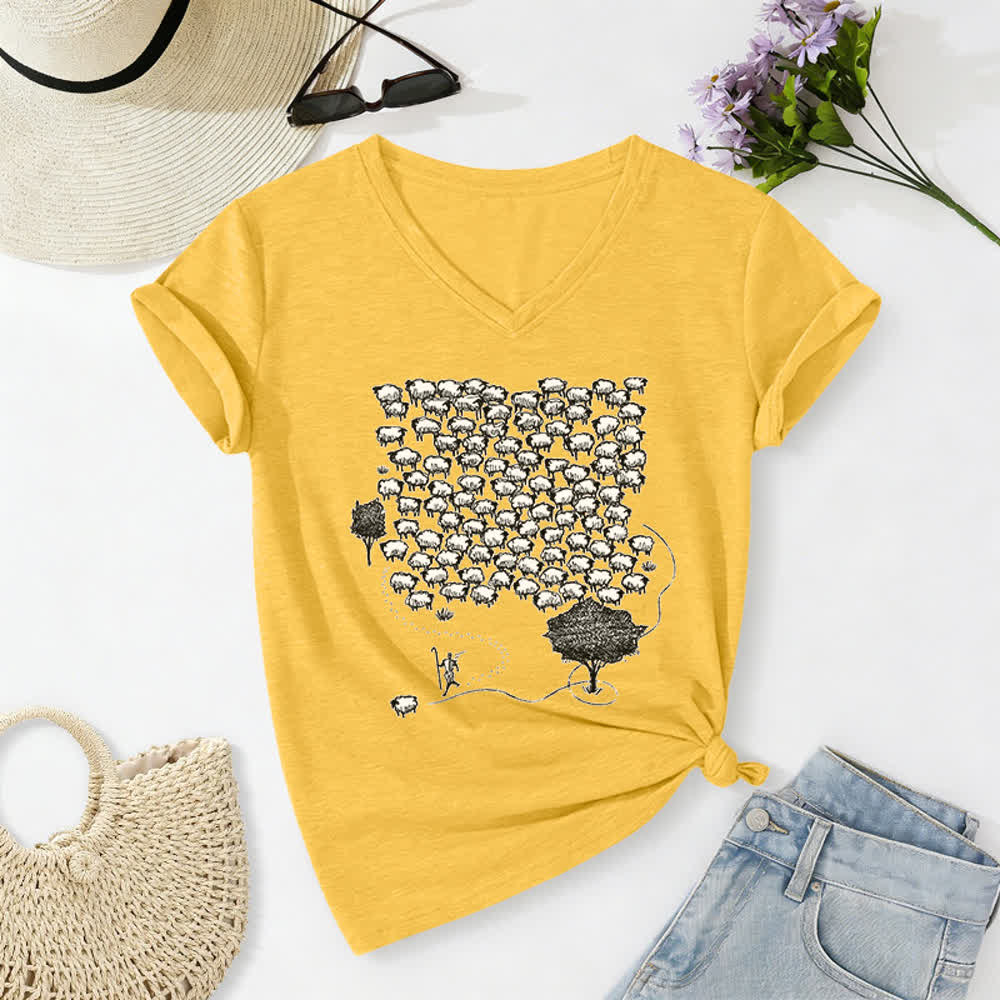 Christianartworkshop Flock of Sheep Graphic Print V-Neck T-shirt - Yellow - 2XL - image 8