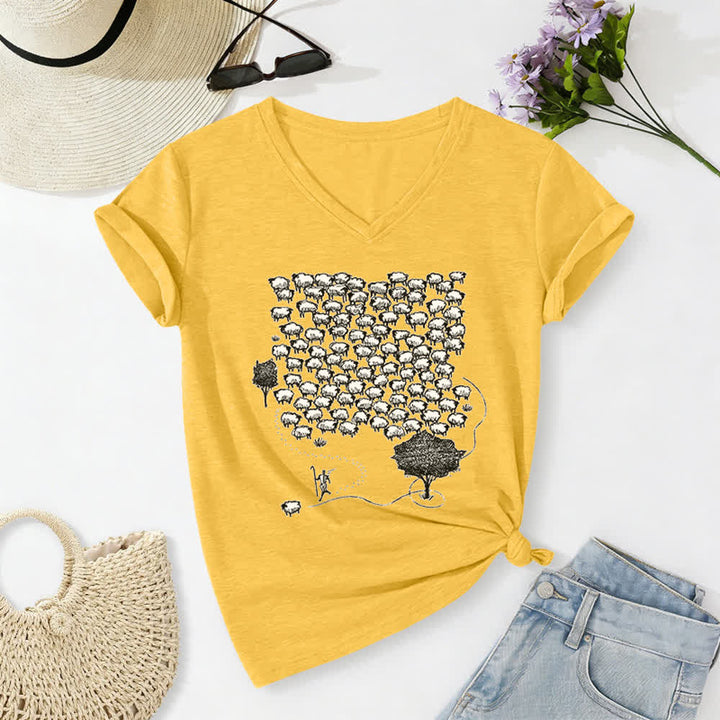 Christianartworkshop Flock of Sheep Graphic Print V-Neck T-shirt - Yellow - 2XL - image 8