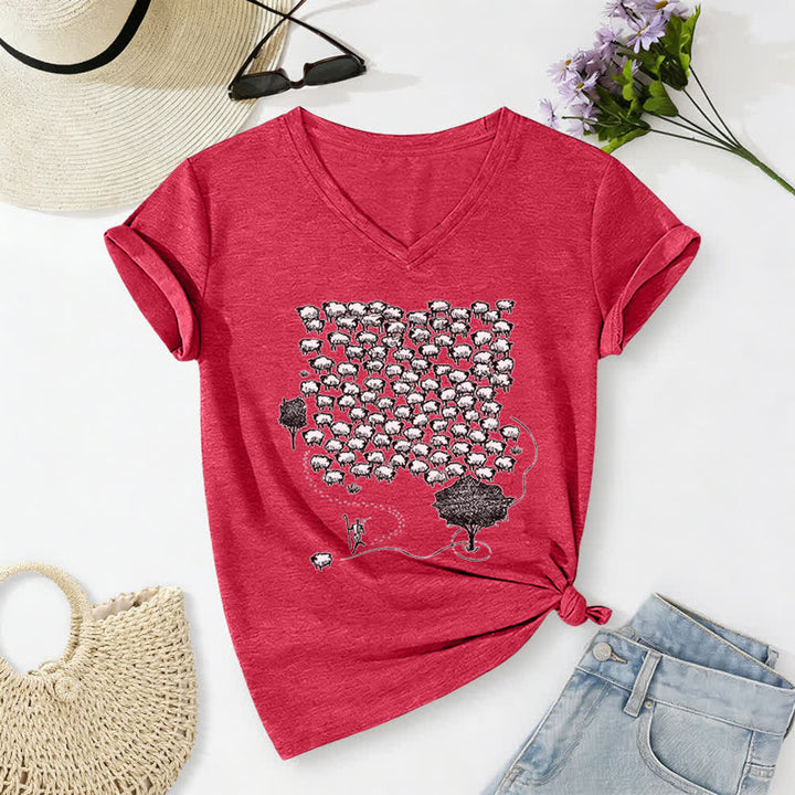 Christianartworkshop Flock of Sheep Graphic Print V-Neck T-shirt - Red - 2XL - image 20