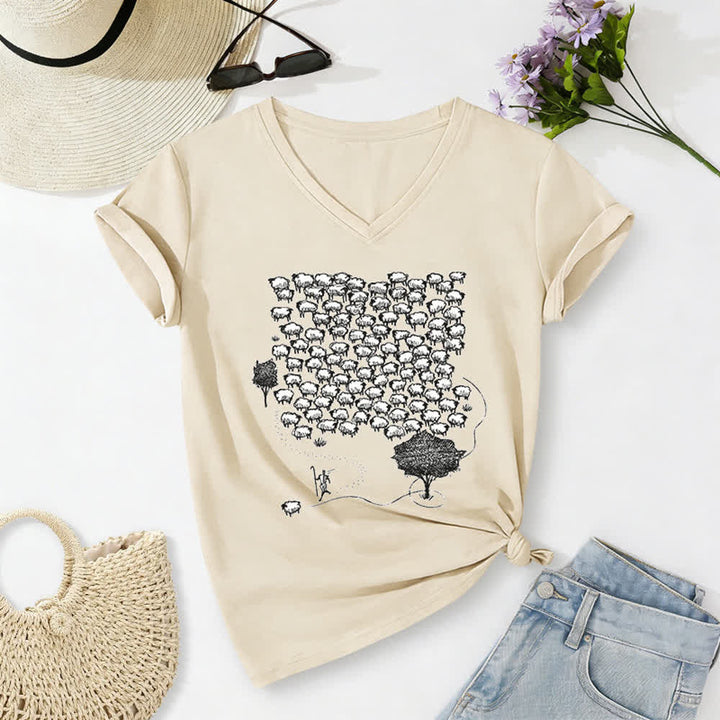 Christianartworkshop Flock of Sheep Graphic Print V-Neck T-shirt - Beige - 2XL - image 0