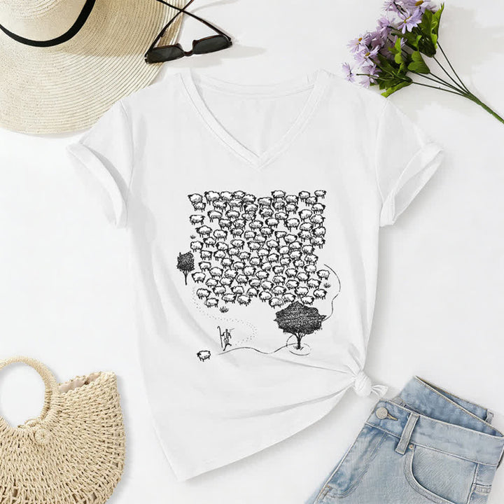 Christianartworkshop Flock of Sheep Graphic Print V-Neck T-shirt - White - 2XL - image 4