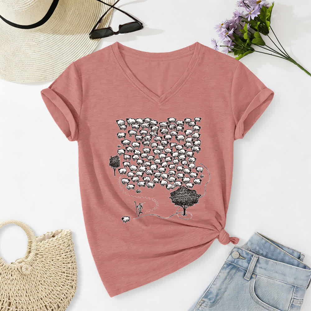 Christianartworkshop Flock of Sheep Graphic Print V-Neck T-shirt - Light Pink - 2XL - image 18
