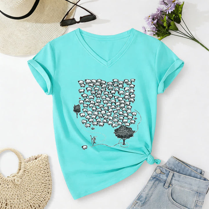 Christianartworkshop Flock of Sheep Graphic Print V-Neck T-shirt - Sky Blue - 2XL - image 14