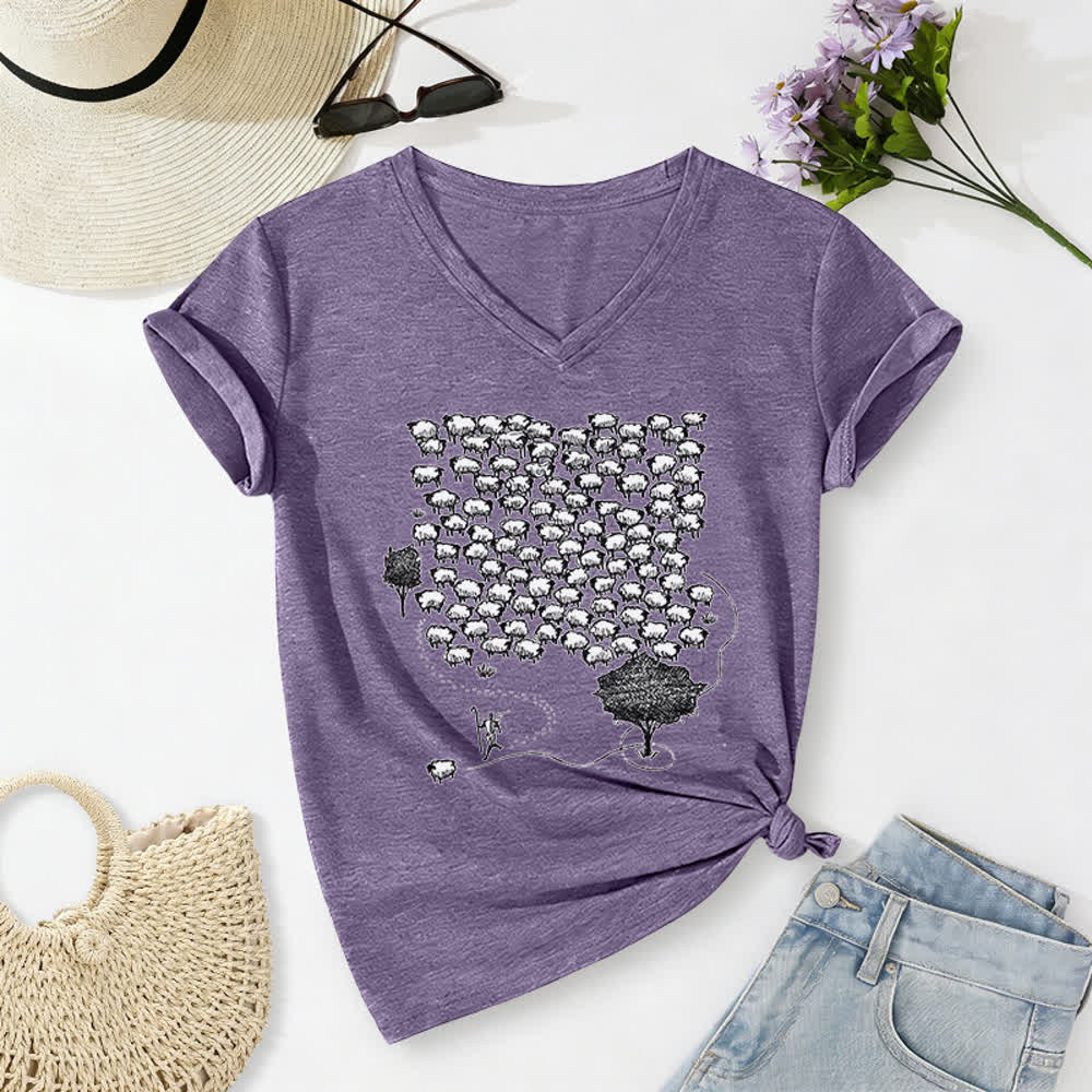 Christianartworkshop Flock of Sheep Graphic Print V-Neck T-shirt - Purple - 2XL - image 24