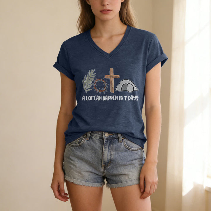 Christianartworkshop Easter Faith A Lot Can Happend In 7 Days Print V-Neck T-shirt - image 17