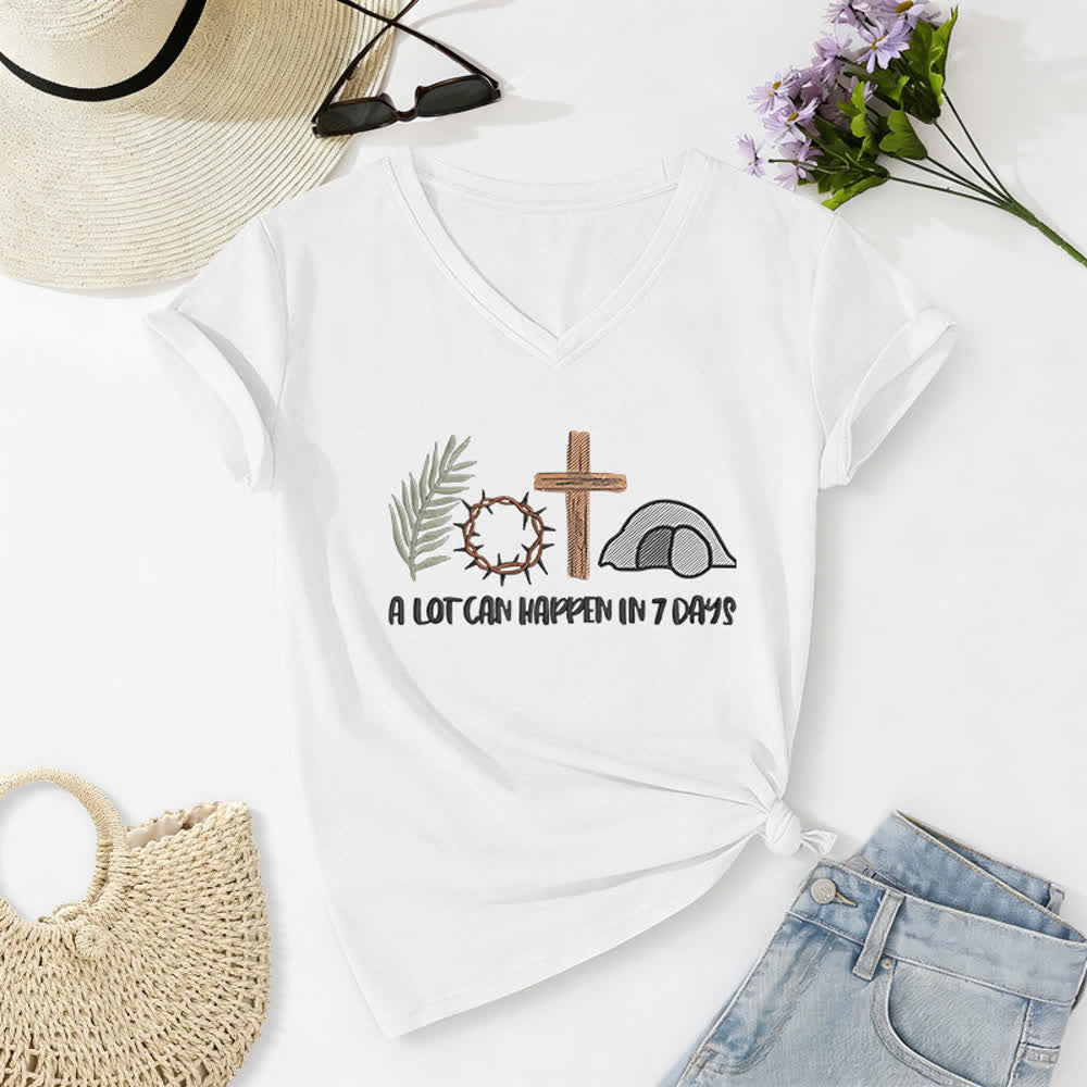 Christianartworkshop Easter Faith A Lot Can Happend In 7 Days Print V-Neck T-shirt - White - 2XL - image 0
