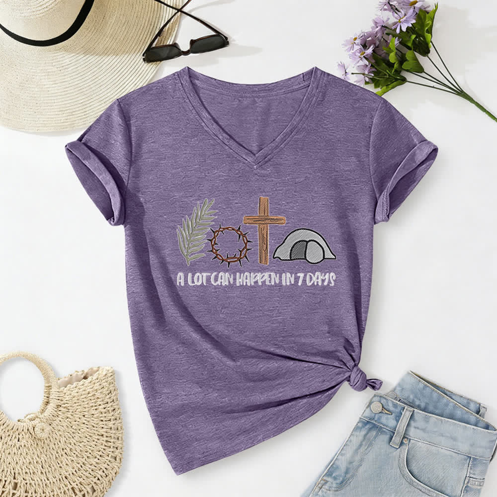 Christianartworkshop Easter Faith A Lot Can Happend In 7 Days Print V-Neck T-shirt - Purple - 2XL - image 24