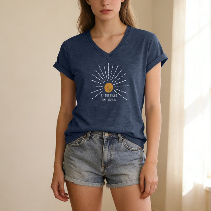 Christianartworkshop Women's Be The Light Matthew 5:14 Print Print V-Neck T-shirt - image 17