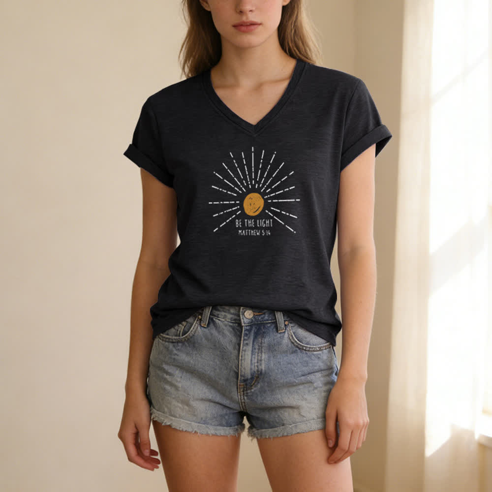 Christianartworkshop Women's Be The Light Matthew 5:14 Print Print V-Neck T-shirt - image 3