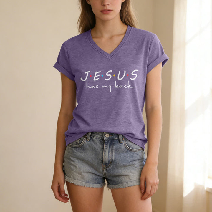 Christianartworkshop Women's Jesus Has My Back Print V-Neck T-shirt - image 25
