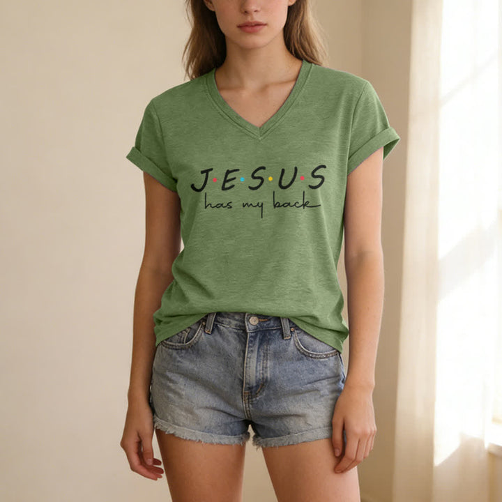 Christianartworkshop Women's Jesus Has My Back Print V-Neck T-shirt - image 13