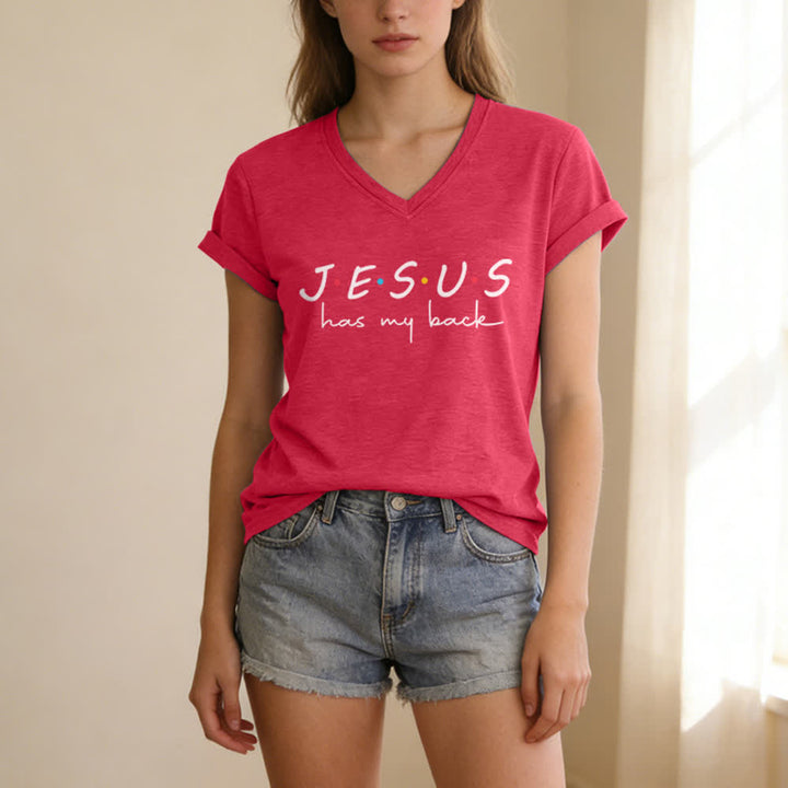 Christianartworkshop Women's Jesus Has My Back Print V-Neck T-shirt - image 23
