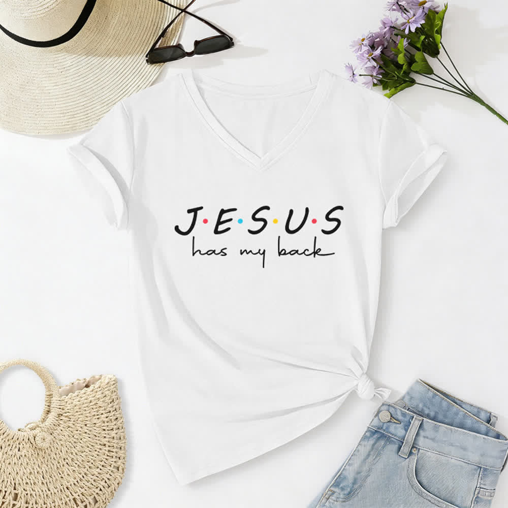 Christianartworkshop Women's Jesus Has My Back Print V-Neck T-shirt - White - 2XL - image 4