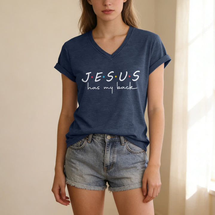 Christianartworkshop Women's Jesus Has My Back Print V-Neck T-shirt - image 19