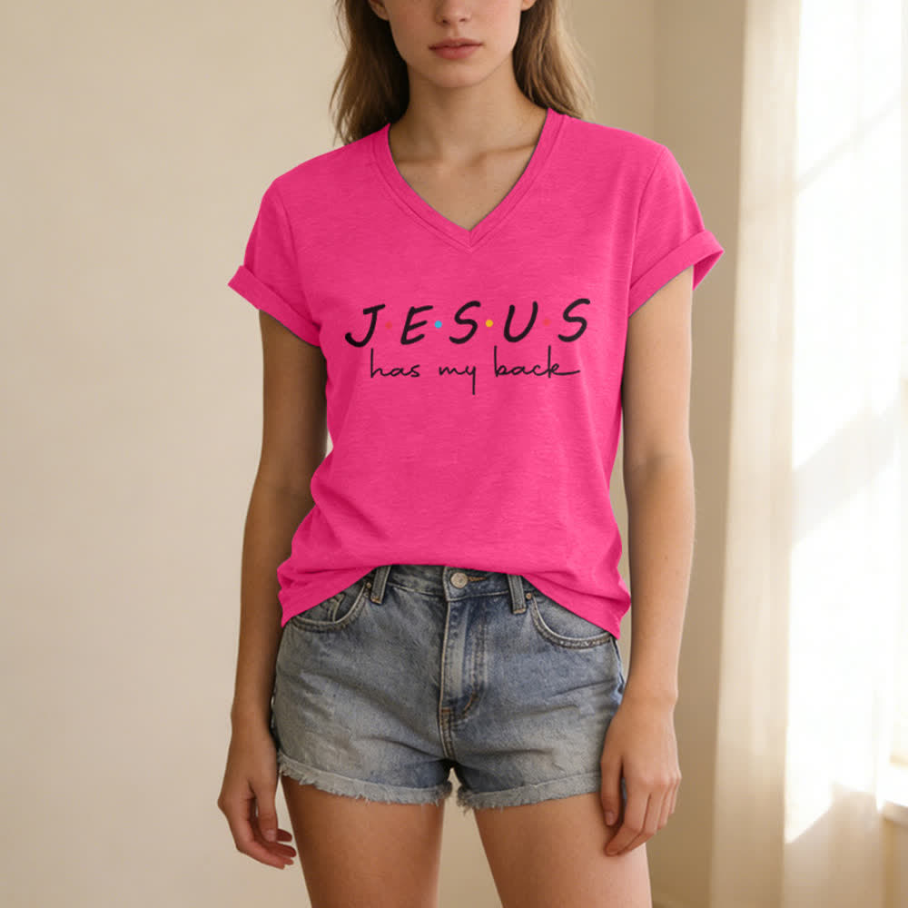 Christianartworkshop Women's Jesus Has My Back Print V-Neck T-shirt - image 1