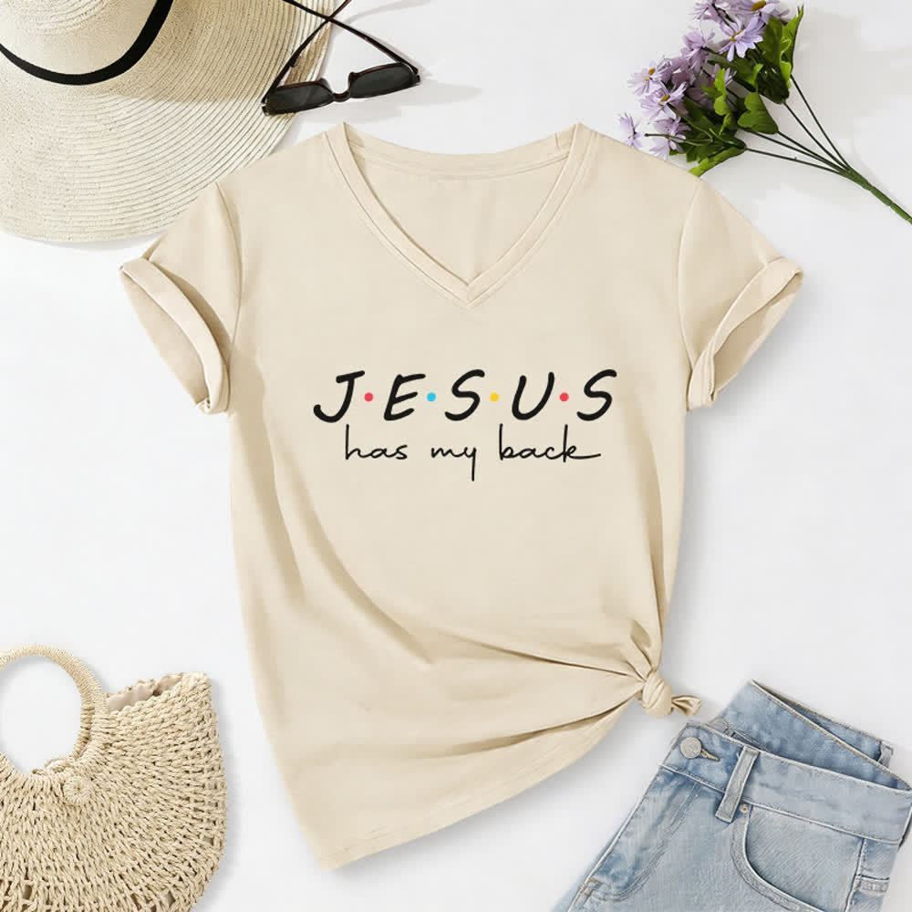 Christianartworkshop Women's Jesus Has My Back Print V-Neck T-shirt - Beige - 2XL - image 8