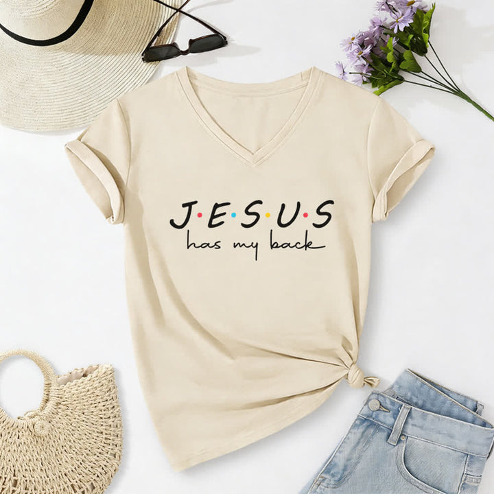 Christianartworkshop Women's Jesus Has My Back Print V-Neck T-shirt - Beige - 2XL - image 8