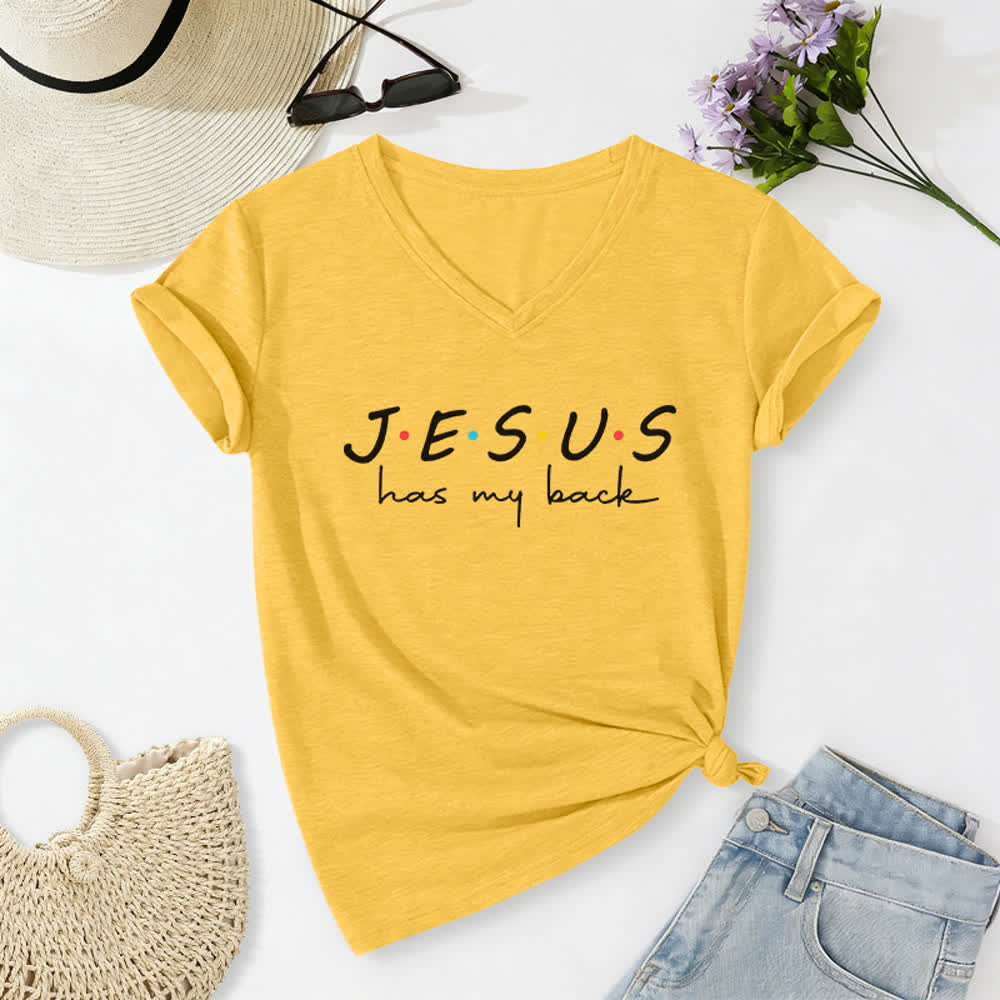 Christianartworkshop Women's Jesus Has My Back Print V-Neck T-shirt - Yellow - 2XL - image 10
