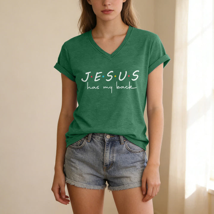 Christianartworkshop Women's Jesus Has My Back Print V-Neck T-shirt - image 15