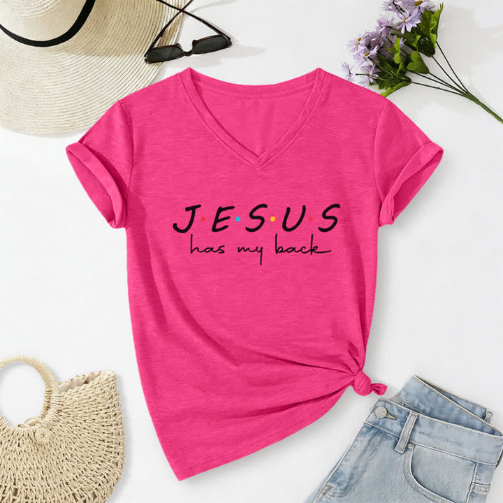 Christianartworkshop Women's Jesus Has My Back Print V-Neck T-shirt - Rose - 2XL - image 0