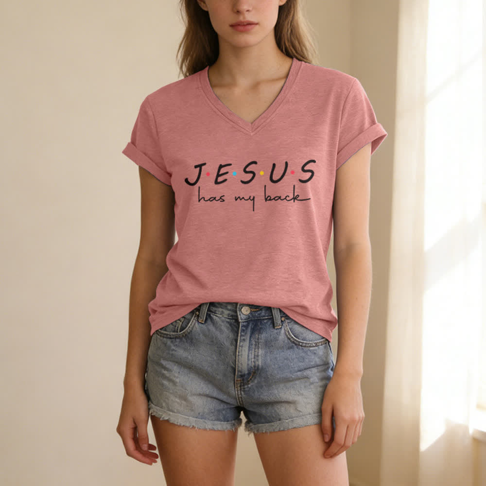 Christianartworkshop Women's Jesus Has My Back Print V-Neck T-shirt - image 21