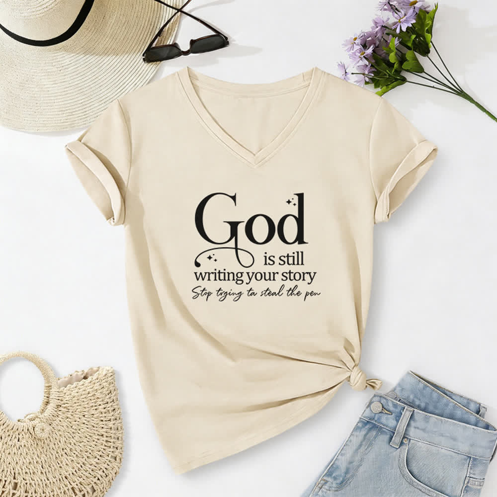 Christianartworkshop Women's God Is Still Writing Your Story Print V-Neck T-shirt - Beige - 2XL - image 8