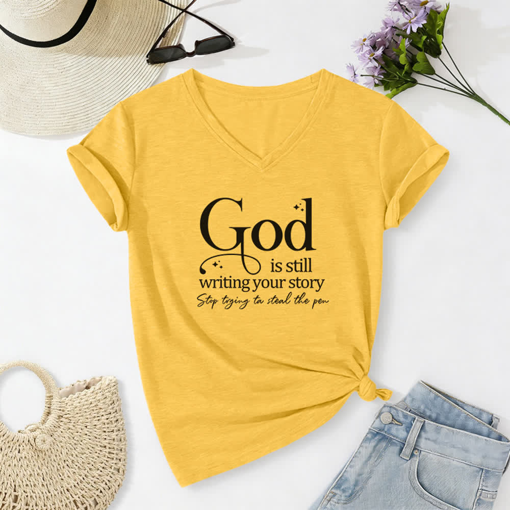 Christianartworkshop Women's God Is Still Writing Your Story Print V-Neck T-shirt - Yellow - 2XL - image 10