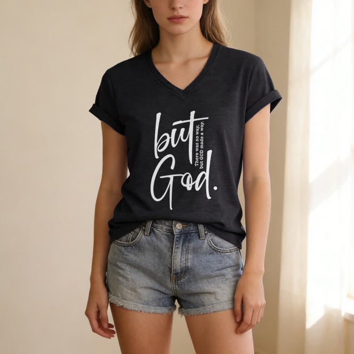 Christianartworkshop Women's Faith Christian But God Bible Verse Print V-Neck T-shirt - image 3