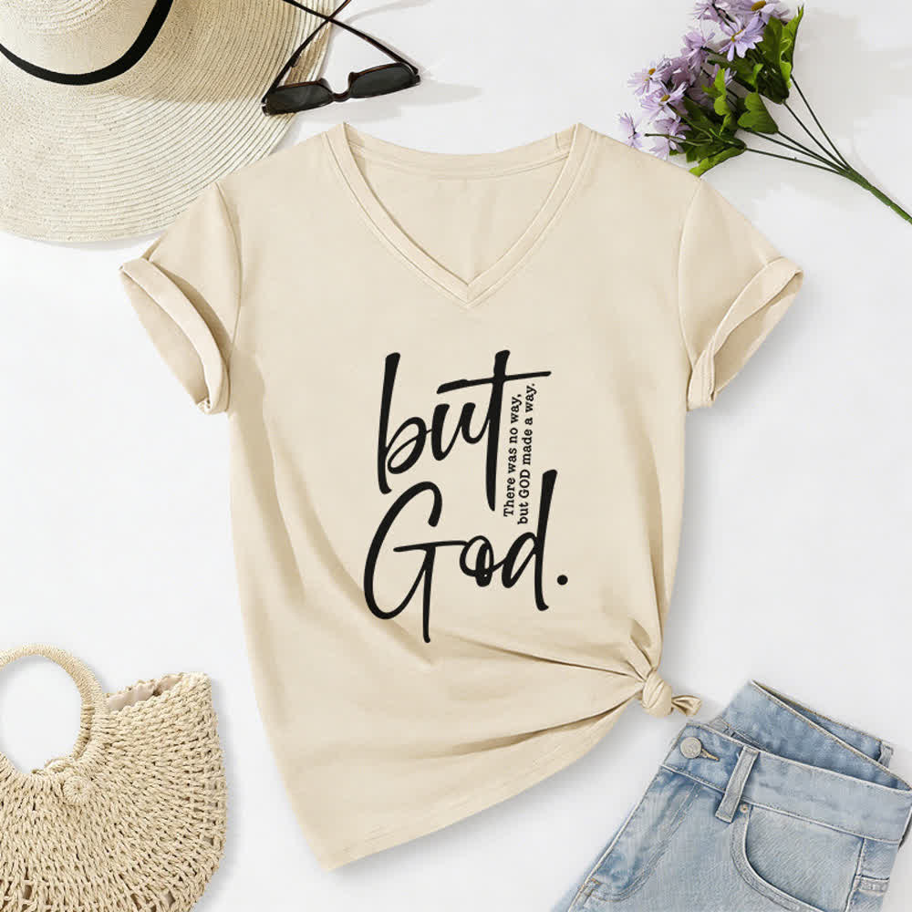 Christianartworkshop Women's Faith Christian But God Bible Verse Print V-Neck T-shirt - Beige - 2XL - image 6
