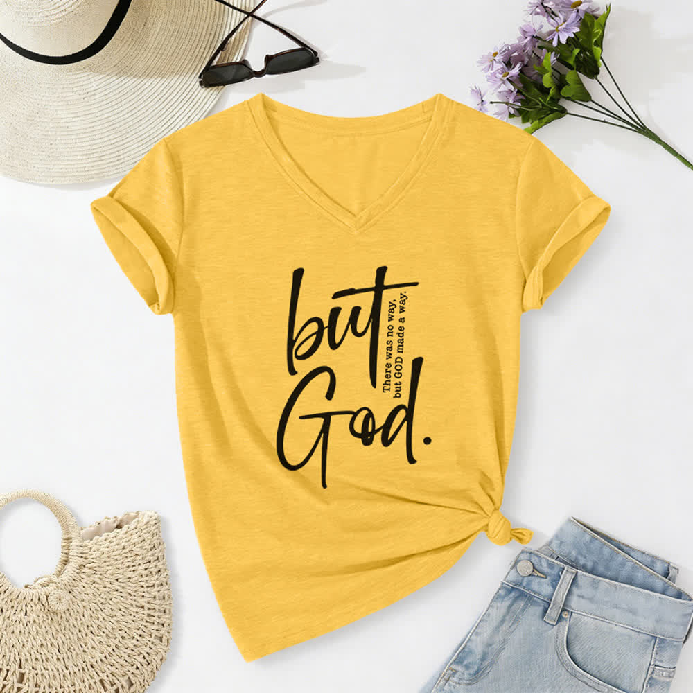Christianartworkshop Women's Faith Christian But God Bible Verse Print V-Neck T-shirt - Yellow - 2XL - image 8