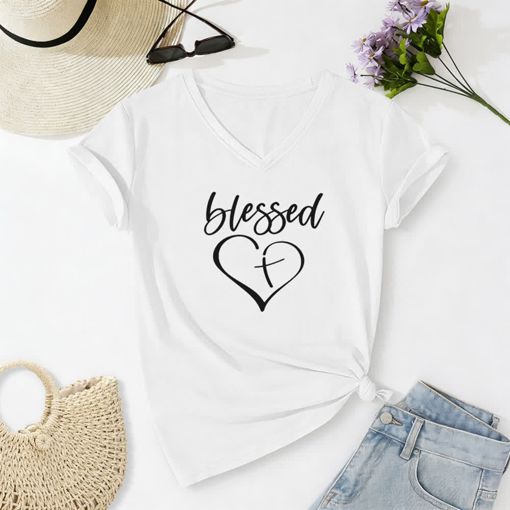 Christianartworkshop Women's Blessed Love Cross Jesus Has My Back Print V-Neck T-shirt - White - 2XL - image 4
