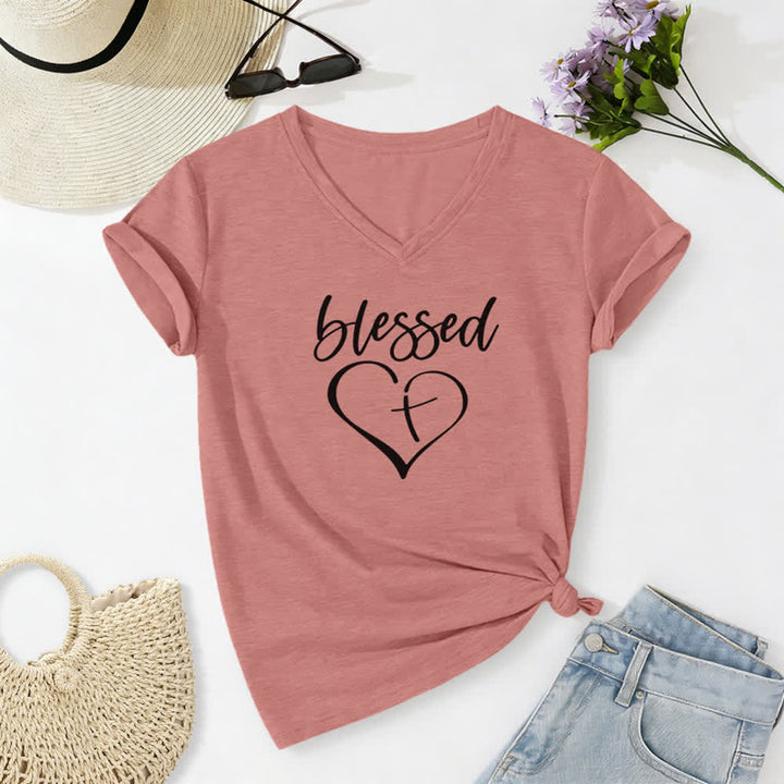 Christianartworkshop Women's Blessed Love Cross Jesus Has My Back Print V-Neck T-shirt - Light Pink - 2XL - image 18
