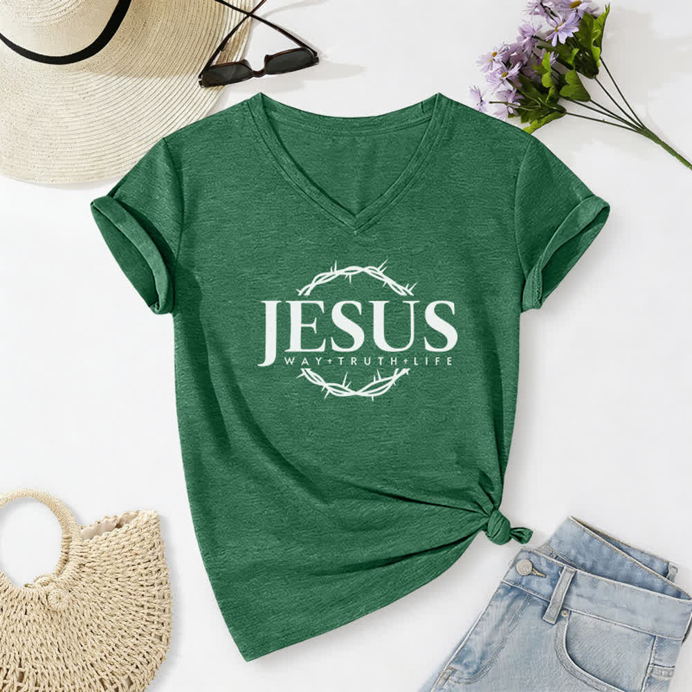 Christianartworkshop Women's Jesus Print Casual Print V-Neck T-shirt - Dark Green - 2XL - image 12