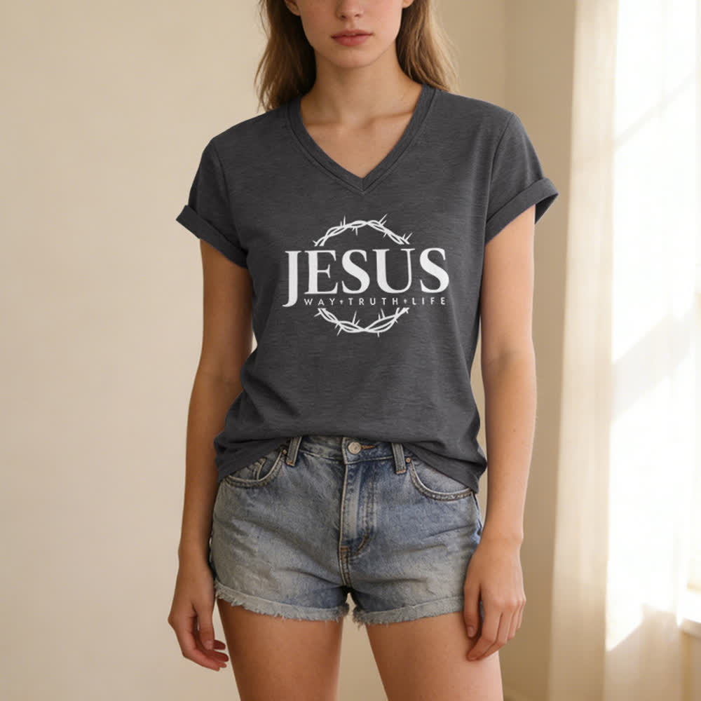 Christianartworkshop Women's Jesus Print Casual Print V-Neck T-shirt - image 5