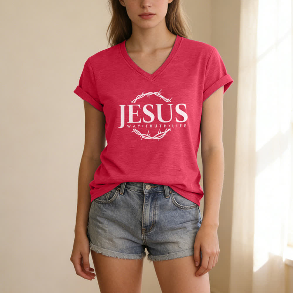 Christianartworkshop Women's Jesus Print Casual Print V-Neck T-shirt - image 21