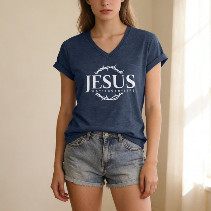 Christianartworkshop Women's Jesus Print Casual Print V-Neck T-shirt - image 17