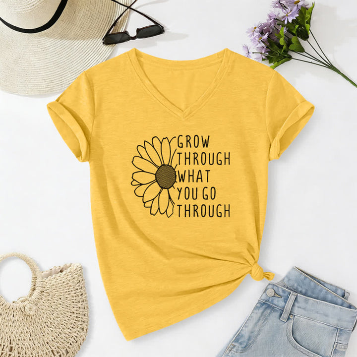 ChristianartworkshopWomen's Grow Through What You Go Through Print V-Neck T-shirt - Yellow - 2XL - image 0