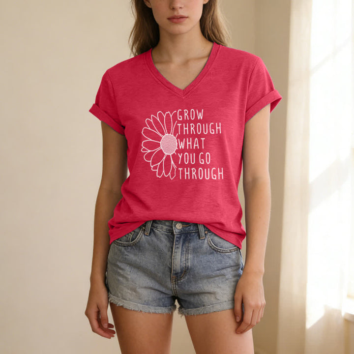 ChristianartworkshopWomen's Grow Through What You Go Through Print V-Neck T-shirt - image 21