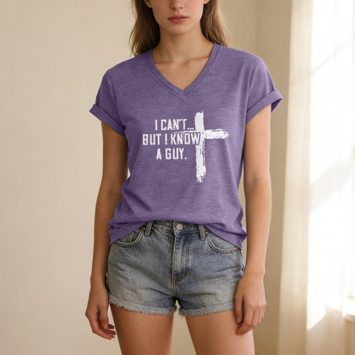 Christianartworkshop Women's I Can't But I Know A Guy Faith Print V-Neck T-shirt - image 25