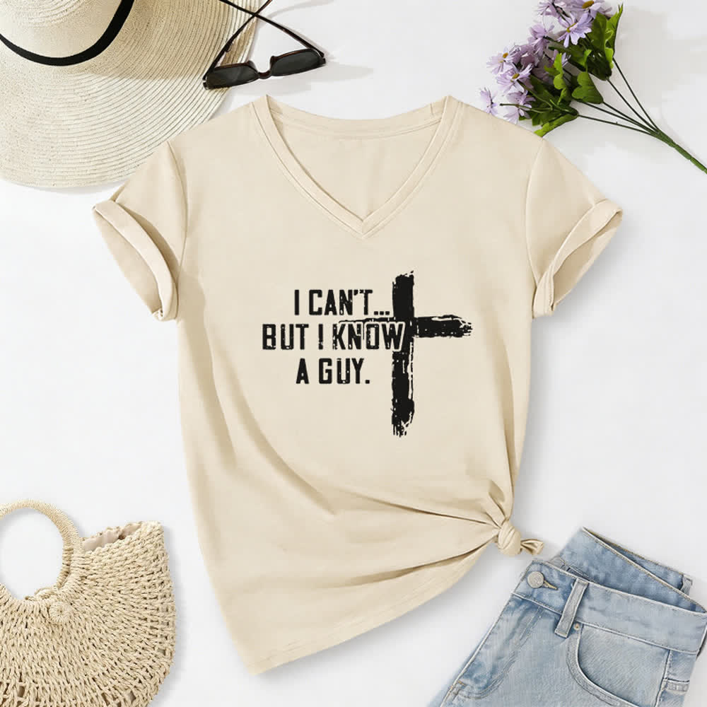Christianartworkshop Women's I Can't But I Know A Guy Faith Print V-Neck T-shirt - Beige - 2XL - image 0