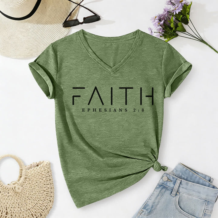 Christianartworkshop Women's Faith Printed Casual V-Neck T-shirt - Olive Green - 2XL - image 12