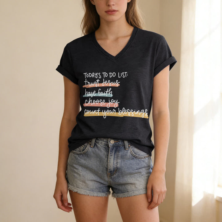 Christianartworkshop Today 's To-Do List Trust Jesus Have Faith Choose Joy Casual V-Neck T-shirt - image 3