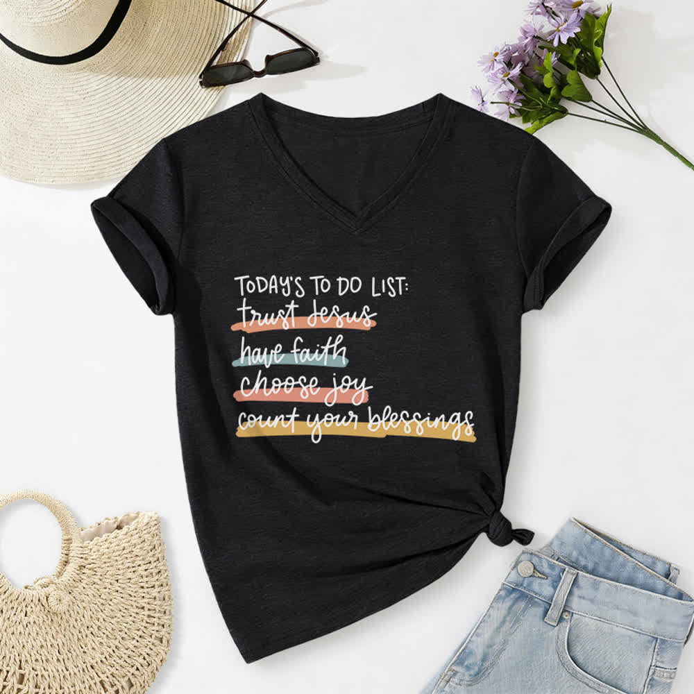 Christianartworkshop Today 's To-Do List Trust Jesus Have Faith Choose Joy Casual V-Neck T-shirt - Black - 2XL - image 2