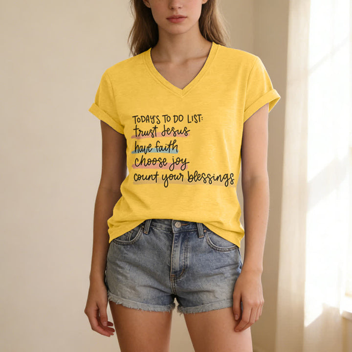 Christianartworkshop Today 's To-Do List Trust Jesus Have Faith Choose Joy Casual V-Neck T-shirt - image 11