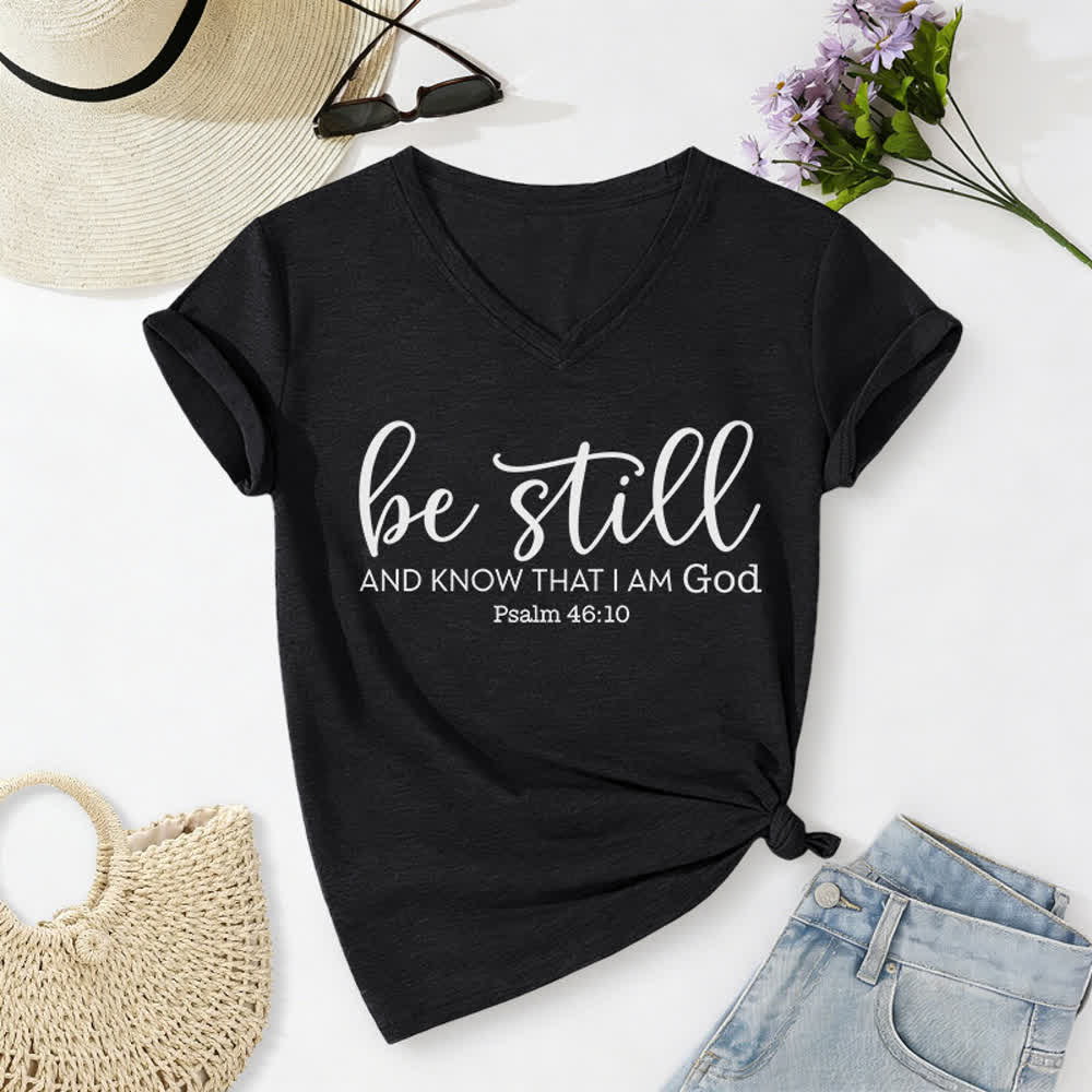 Christianartworkshop Women's Be Still And Know That I Am God Casual V-neck T-shirt - Black - 2XL - image 2