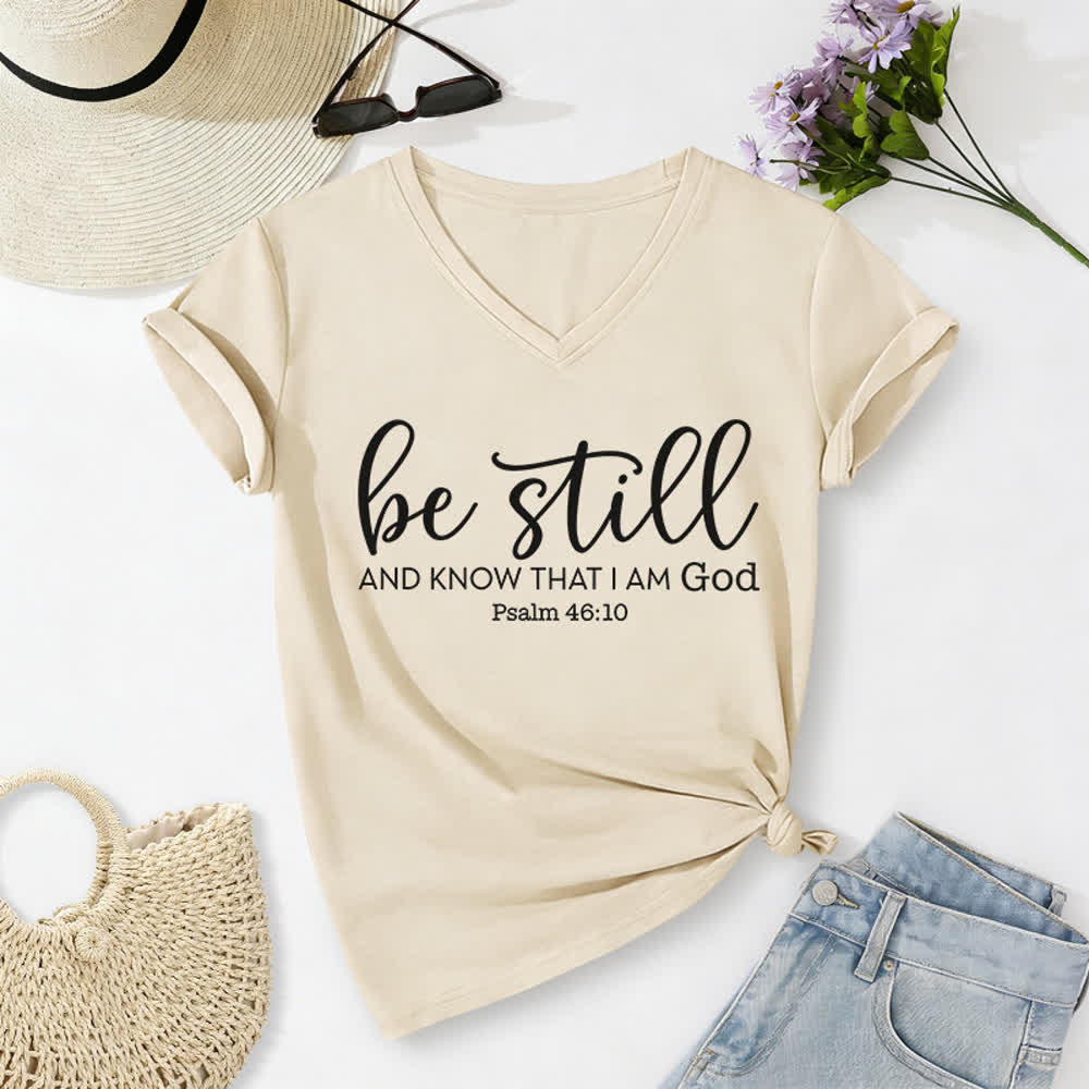 Christianartworkshop Women's Be Still And Know That I Am God Casual V-neck T-shirt - Beige - 2XL - image 8