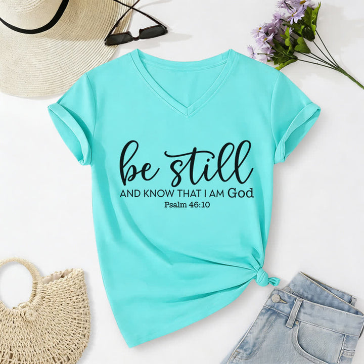Christianartworkshop Women's Be Still And Know That I Am God Casual V-neck T-shirt - Sky Blue - 2XL - image 14
