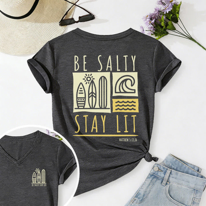 Christianartworkshop Women's Be Salty Stay Lit Printed Casual V-neck T-shirt - Dark Grey - 2XL - image 15