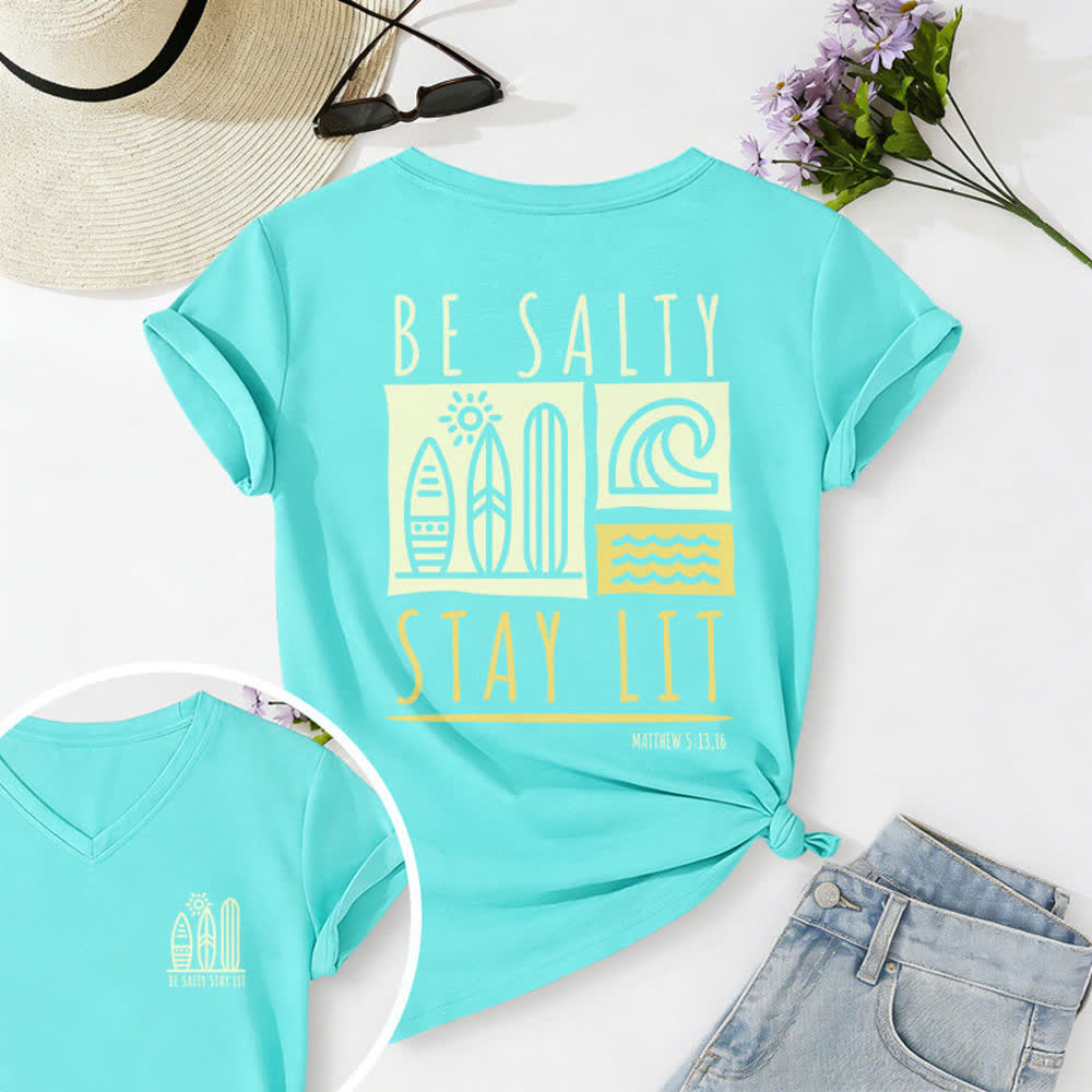 Christianartworkshop Women's Be Salty Stay Lit Printed Casual V-neck T-shirt - Sky Blue - 2XL - image 40