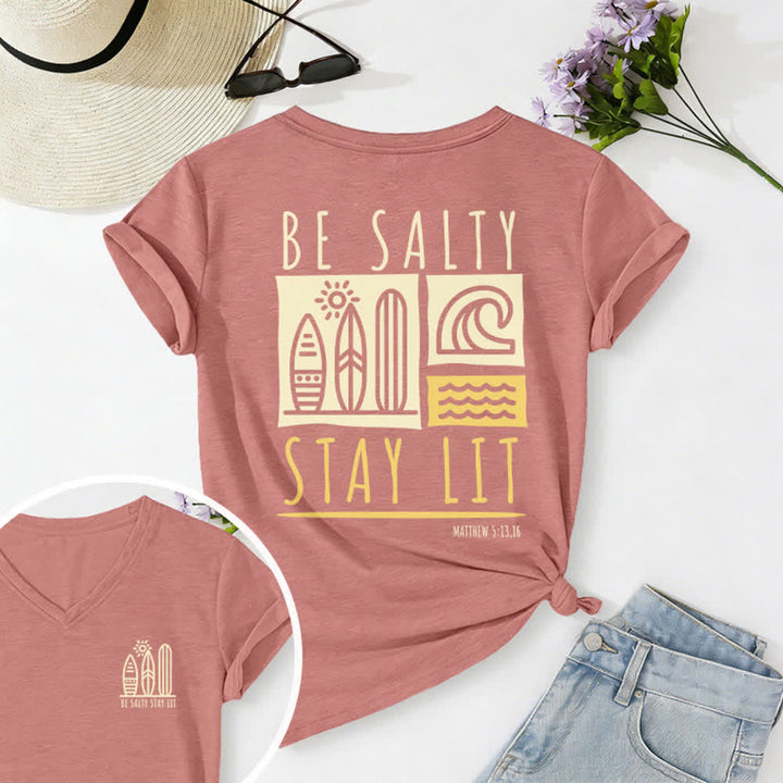 Christianartworkshop Women's Be Salty Stay Lit Printed Casual V-neck T-shirt - Light Pink - 2XL - image 0
